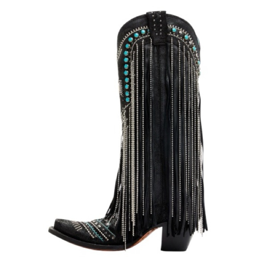 CORRAL EMBROIDERED AND CRYSTAL Black and Turquoise Eagle FRINGE WESTERN BOOTS - Picture 7 of 16